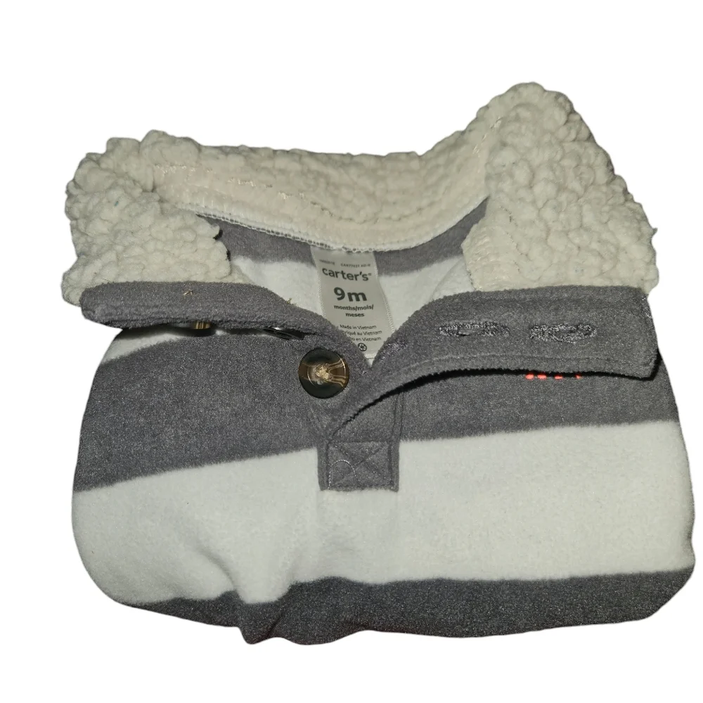 Carter Infant 9m Striped Pull Over Sweater Fleece Fox Button Fall Winter Gray